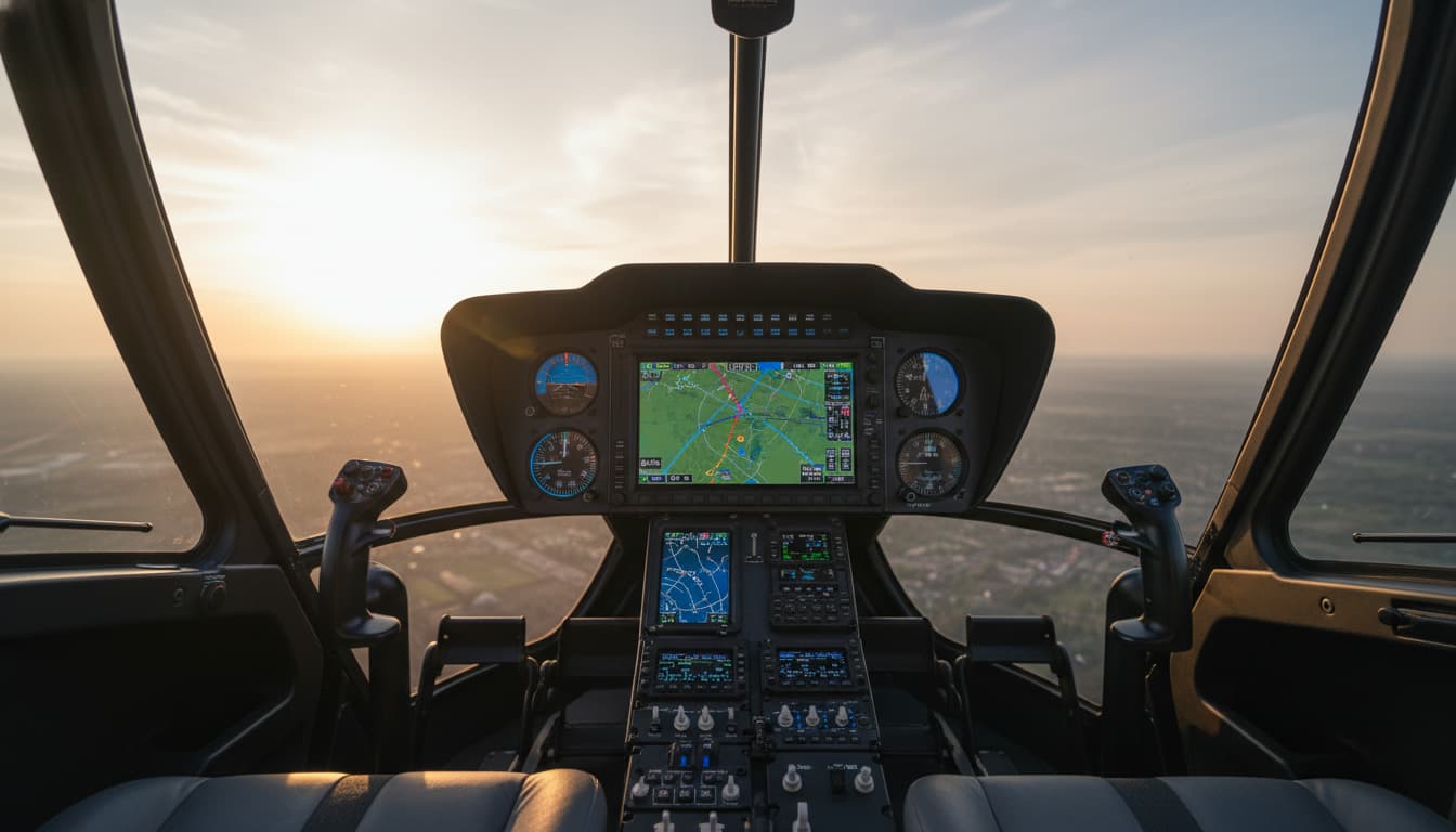 Poste de pilotage d'hélicoptère avec tableau de bord aviation et instruments de vol
