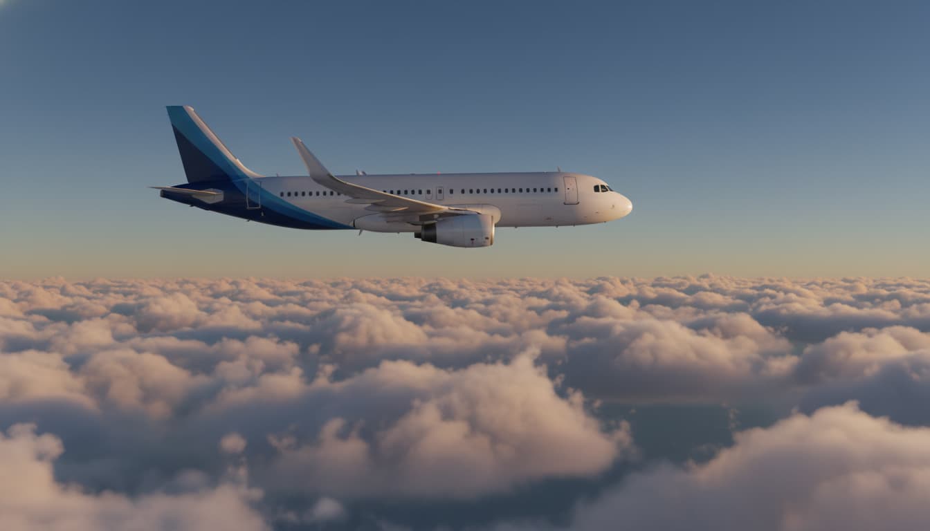 Avion de ligne commercial Airbus en vol avec vue technique détaillée
