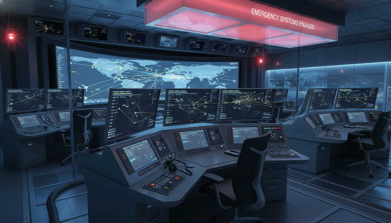 Salle de contrôle de trafic aérien avec écrans de surveillance radar
