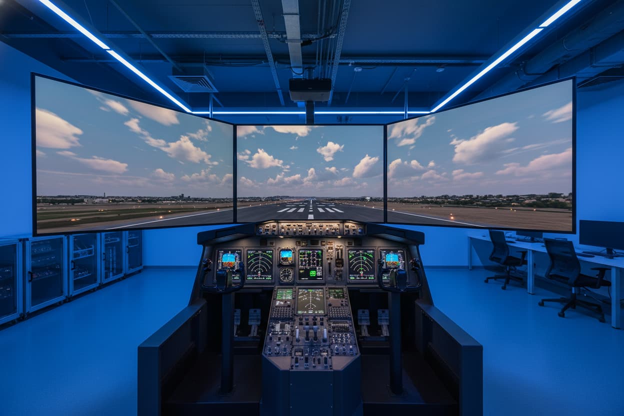 Simulateur de vol avec pilote en formation aux commandes