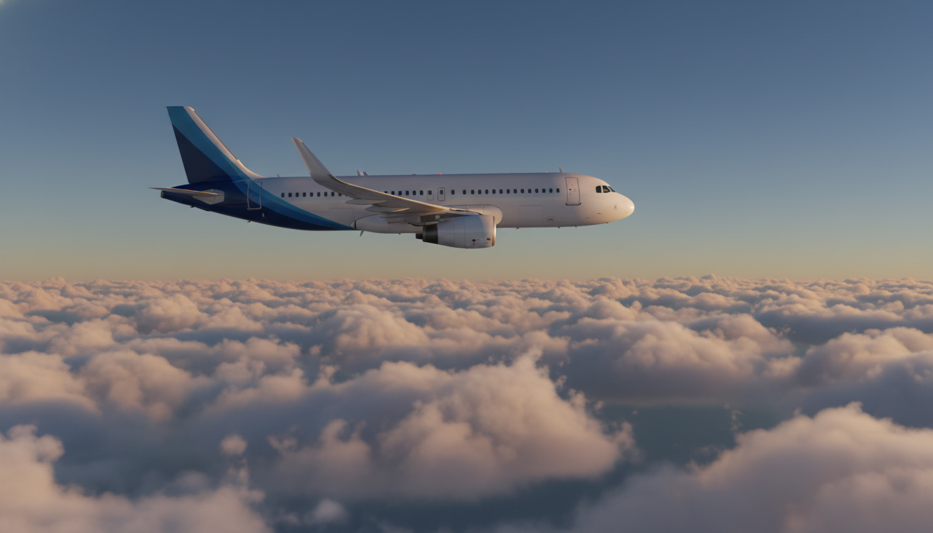 Avion de ligne commercial Airbus en vol avec vue technique détaillée