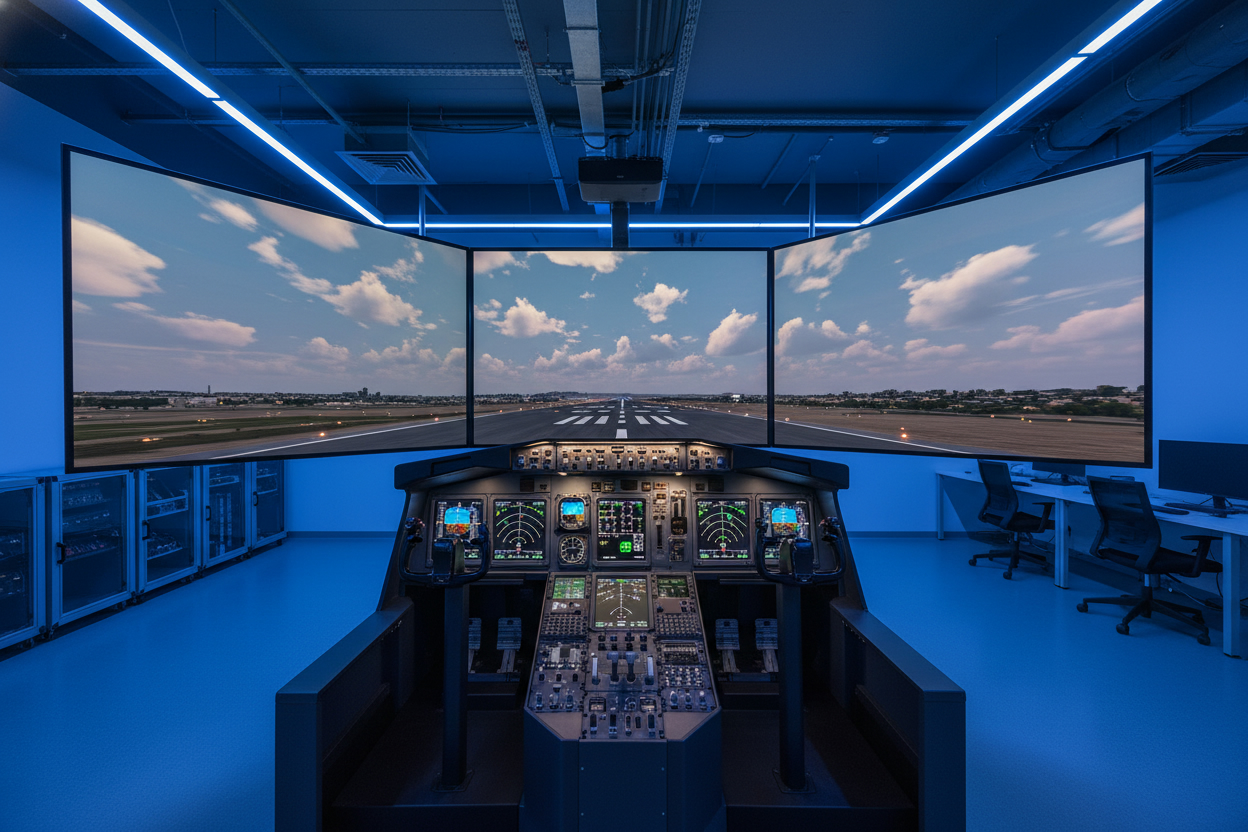 Simulateur de vol avec pilote en formation aux commandes